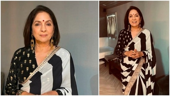 Neena Gupta's saree featured golden sequins work border and thick black and white stripes. She teamed her contemporary Indian saree with a full-sleeved black blouse.(Instagram/@masabagupta)