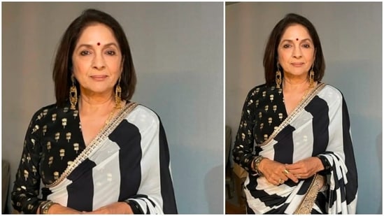Timeless beauty and one of Bollywood's most versatile veteran actors Neena Gupta is ageing like a fine wine. The Badhaai Ho actor's Instagram handle is flooded with stylish photos of herself. From contemporary ethnic wear to western outfits, the actor sure knows how to ace all her looks. Recently, Neena Gupta went to the sets of Kaun Banega Crorepati wearing a black and ivory stripes saree from her daughter and ace designer Masaba Gupta's House of Masaba's latest collection.(Instagram/@masabagupta)
