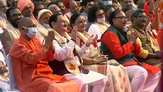 BJP chief JP Nadda listens to PM Modi's address in Varanasi with other leaders on Tuesday.(ANI Photo)