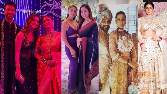 Arti Singh, Mrunal Thakur, Asha Negi, Eijaz Khan, Pavitra Punia and Shraddha Arya at Ankita Lokhande and Vicky Jain's wedding reception.&nbsp;