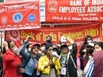 Bank of Indian Employees Union members stage a protest as part of a two-day nationwide strike called by the United Forum of Bank Unions (UFBU) against the Central Government's decision to privatize public sector banks (PSBs) in Kolkata.. (ANI)
