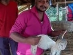 The image shows a man holding the American barn owl rescued in Bihar.