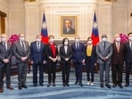 Taiwan president Tsai Ing-wen, center left, poses for photos with Francois de Rugy, the head of the Taiwan Friendship group in the National Assembly, center right, and other French lawmakers during a visit at the Presidential Office in Taipei. Taiwan president Tsai Ing-wen, center left, poses for photos with Francois de Rugy, the head of the Taiwan Friendship group in the National Assembly, center right, and other French lawmakers during a visit at the Presidential Office in Taipei.