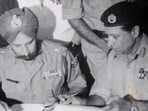The instrument of surrender was signed between Lt Gen AAK Niazi and Lt Gen JS Aurora in Dhaka on December 16, 1971.