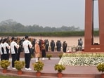 Prime Minister Narendra Modi pays tribute to martyrs on the occasion of 'Vijay Diwas' at National War Memorial in New Delhi.(PTI)