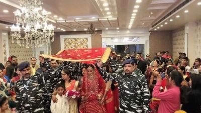 The image shows the CRPF jawans at the wedding of the slain soldier’s sister. (Twitter/@crpfindia) The image shows the CRPF jawans at the wedding of the slain soldier’s sister. (Twitter/@crpfindia)