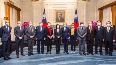 Taiwan president Tsai Ing-wen, center left, poses for photos with Francois de Rugy, the head of the Taiwan Friendship group in the National Assembly, center right, and other French lawmakers during a visit at the Presidential Office in Taipei. (AP) Taiwan president Tsai Ing-wen, center left, poses for photos with Francois de Rugy, the head of the Taiwan Friendship group in the National Assembly, center right, and other French lawmakers during a visit at the Presidential Office in Taipei. (AP)