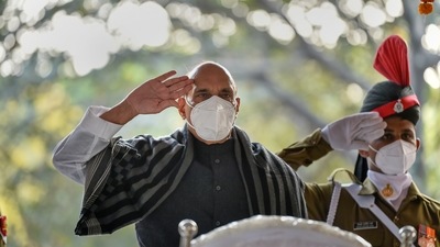 Defence minister Rajnath Singh paying tribute toGen Bipin Rawat and his wife Madhulika Rawat. (PTI)