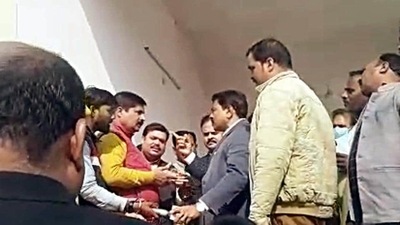 Union minister of state for home affairs Ajay Kumar Mishra lashes out at the journalist in Lakhimpur Kheri on Wednesday. (ANI)