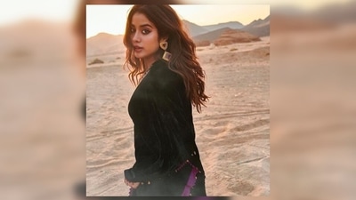 Janhvi Kapoor kept her look simple yet chic and teamed her attire with huge gold earrings. (Instagram/@spacemuffin27) Janhvi Kapoor kept her look simple yet chic and teamed her attire with huge gold earrings. (Instagram/@spacemuffin27)