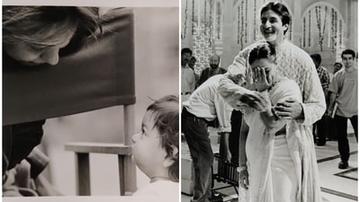 Gauri Khan looks at Aryan Khan (L) and Amitabh Bachchan and Jaya Bachchan share a candid moment on the sets of Kabhi Khushi Kabhie Gham. Gauri Khan looks at Aryan Khan (L) and Amitabh Bachchan and Jaya Bachchan share a candid moment on the sets of Kabhi Khushi Kabhie Gham.