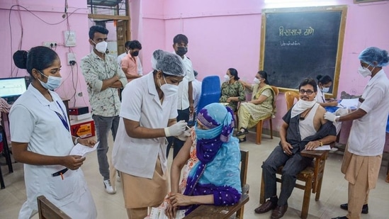 Beneficiaries receive Covid-19 vaccine shots at a vaccination centre in Thane on Thursday. The Centre announced that Zydus Cadila’s Covid-19 vaccine ZyCoV-D will initially be used in districts in seven states. (PTI)(HT_PRINT)