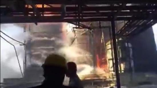 Gujarat government officials in Godhra, the district headquarters of Panchmahals, said a huge blast, which preceded the devastating fire at a Gujarat Fluorochemicals Limited factory, was heard some 10km away. (ANI video grab)