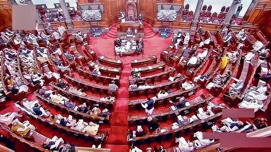 Rajya Sabha proceedings underway during the winter session of Parliament, in New Delhi on Thursday.&nbsp;(PTI)
