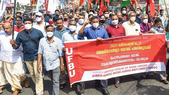 Bank employees during their protest march as part of the two-day nationwide strike called by United Forum of Bank Unions against privatisation of banks in Thiruvananthapuram.(PTI)