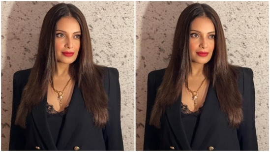 Styled by Shraddha Mishra, Bipasha opted for a minimal makeup look. She decked up in nude eyeshadow, black eyeliner, mascara-laden eyelashes, contoured cheeks and a shade of red lipstick.(Instagram/@bipashabasu)