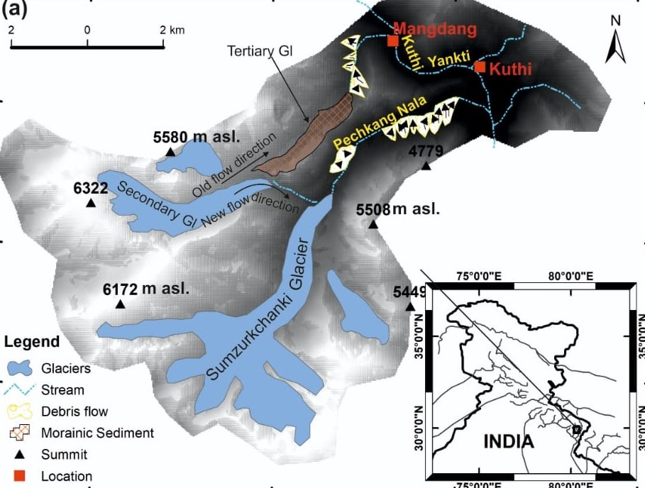Illustration shows unnamed glacier changing its course and merging with an adjacent glacier in Kuthi Yankti valley of Uttarakhand’s Pithoragarh. (Manish Mehta) Illustration shows unnamed glacier changing its course and merging with an adjacent glacier in Kuthi Yankti valley of Uttarakhand’s Pithoragarh. (Manish Mehta)