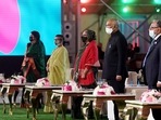 President Ram Nath Kovind with First Lady Savita Kovind, Bangladesh Prime Minister Sheikh Hasina and Bangladesh President Abdul Hamid.