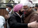 Punjab Lok Congress founder and former Punjab CM Captain Amarinder Singh and Union minister Gajendra Singh Shekhawat greets each others in New Delhi on Friday. (ANI)