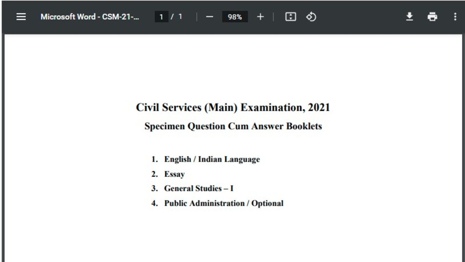 UPSC CSE Main 2021 specimen question cum answer booklet: Direct link to download