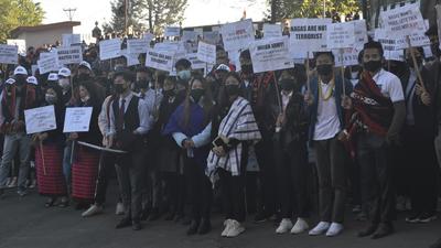 Kohima came to a standstill on Friday as hundreds of people, most of them young students, took to the streets to demonstrate against the controversial Armed Forces (Special Powers) Act 1958 (AFSPA) . (HT PHOTO.)