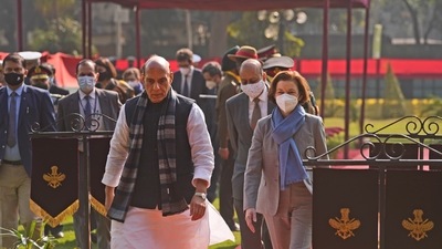 India's defence minister Rajnath Singh and his French counterpart Florence Parly leave for a delegation level meeting after inspecting a joint military guard of honour in New Delhi. (AP) India's defence minister Rajnath Singh and his French counterpart Florence Parly leave for a delegation level meeting after inspecting a joint military guard of honour in New Delhi. (AP)