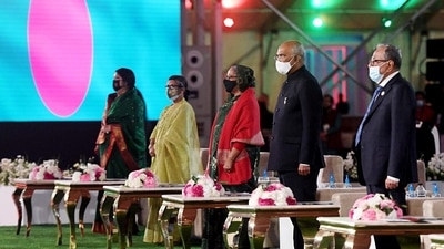 President Ram Nath Kovind with First Lady Savita Kovind, Bangladesh Prime Minister Sheikh Hasina and Bangladesh President Abdul Hamid. (ANI) President Ram Nath Kovind with First Lady Savita Kovind, Bangladesh Prime Minister Sheikh Hasina and Bangladesh President Abdul Hamid. (ANI)