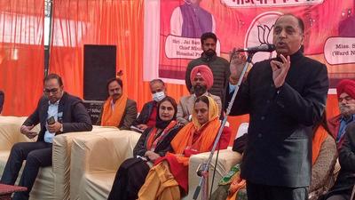 Himachal Pradesh chief minister Jai Ram Thakur addressing a public meeting in Chandigarh on Friday. (Sant Arora/Hindustan Times)