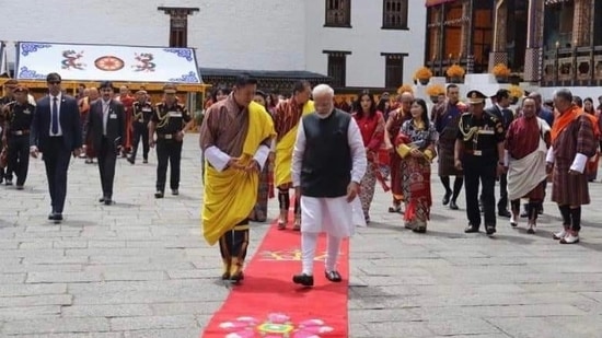 Prime Minister Narendra Modi with Jigme Khesar Namgyel Wangchuck, the Druk Gyalpo (head of state) of the Kingdom of Bhutan. (Photo via @PMBhutan on Twitter) Prime Minister Narendra Modi with Jigme Khesar Namgyel Wangchuck, the Druk Gyalpo (head of state) of the Kingdom of Bhutan. (Photo via @PMBhutan on Twitter)