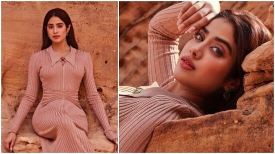 The gorgeous Janhvi Kapoor, who is currently in Saudi Arabia, took to her Instagram handle to share a few stills in a ribbed collared bodycon dress by designer Parul Gurung.(Instagram/@spacemuffin27)