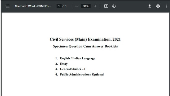 UPSC CSE Main 2021: Candidates can visit the website and download the specimen booklets for English/Indian Language, Essay, General Studies I, and Public Administration I subjects.(upsc.gov.in)