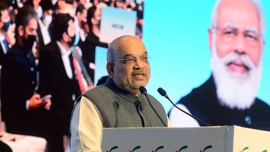 Union home minister Amit Shah speaks at the Annual Convention and 94th Annual General Meeting of FICCI, in New Delhi.(ANI)