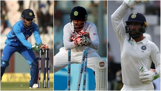MS Dhoni (L), Wriddhiman Saha (C) and Dinesh Karthik. (Getty/PTI)