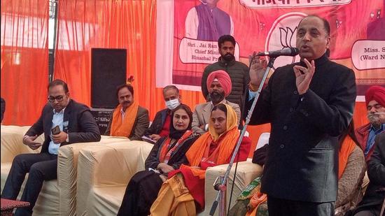 Himachal Pradesh chief minister Jai Ram Thakur addressing a public meeting in Chandigarh on Friday. (Sant Arora/Hindustan Times)