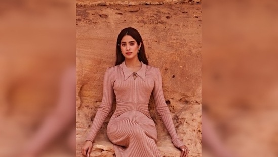 Janhvi Kapoor loves wearing nude attires. Most of her photoshoot photos have her posing in sultry body-hugging beige outfits.(Instagram/@spacemuffin27)