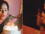 The split image shows the dog trying to clap at a woman's birthday celebration. The split image shows the dog trying to clap at a woman's birthday celebration.