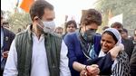 Congress General Secretary Priyanka Gandhi Vadra shares a light moment with a woman as party leader Rahul Gandhi looks on at ‘Pratigya Padyatra’, in Amethi on Saturday. (ANI) Congress General Secretary Priyanka Gandhi Vadra shares a light moment with a woman as party leader Rahul Gandhi looks on at ‘Pratigya Padyatra’, in Amethi on Saturday. (ANI)
