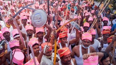 Hundreds of Paika martial artists hold weapons during a protest march demanding for the status of First War of Independence to Paika Vidroha in Bhubaneswar. (PTI) Hundreds of Paika martial artists hold weapons during a protest march demanding for the status of First War of Independence to Paika Vidroha in Bhubaneswar. (PTI)