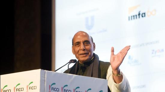 Defence minister Rajnath Singh addresses the 94th Annual General Body Meeting of FICCI, in New Delhi on Saturday. (ANI)