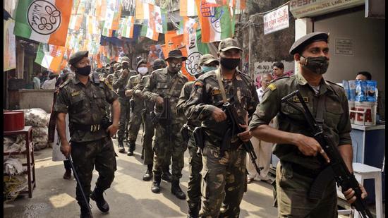 Police Commandos conduct a march on the eve of the Kolkata Municipal Corporation election, in Kolkata on Saturday. (ANI PHOTO.) Police Commandos conduct a march on the eve of the Kolkata Municipal Corporation election, in Kolkata on Saturday. (ANI PHOTO.)