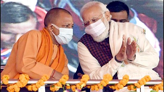 Prime Minister Narendra Modi with Uttar Pradesh Chief Minister Yogi Adityanath at the stone-laying ceremony of Ganga Expressway in Shahjahanpur on Saturday. (ANI PHOTO.)