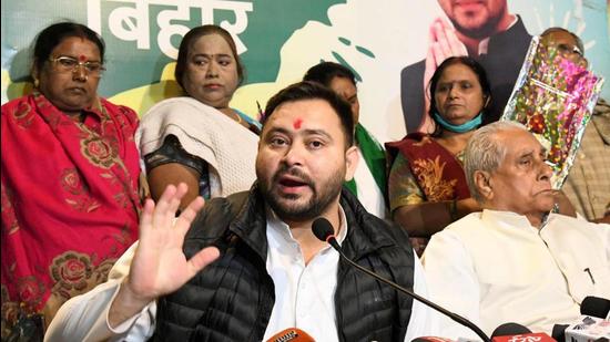 RJD leader Tejashwi Yadav during a press conference at party office in Patna on Saturday. (Santosh Kumar/ht photo)
