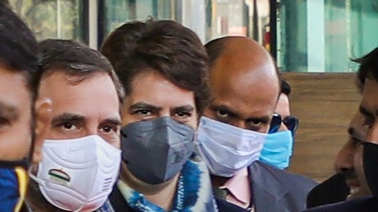 Congress leaders Rahul Gandhi and Priyanka Gandhi Vadra arrive at Chaudhary Charan Singh Airport in Lucknow. (PTI)