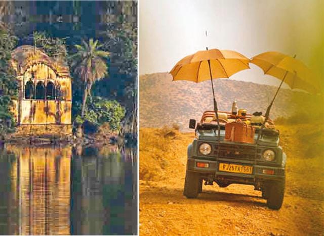 On a safari in an open jeep (above right) you can find history on display like these palace ruins within the National Park (above left) On a safari in an open jeep (above right) you can find history on display like these palace ruins within the National Park (above left)
