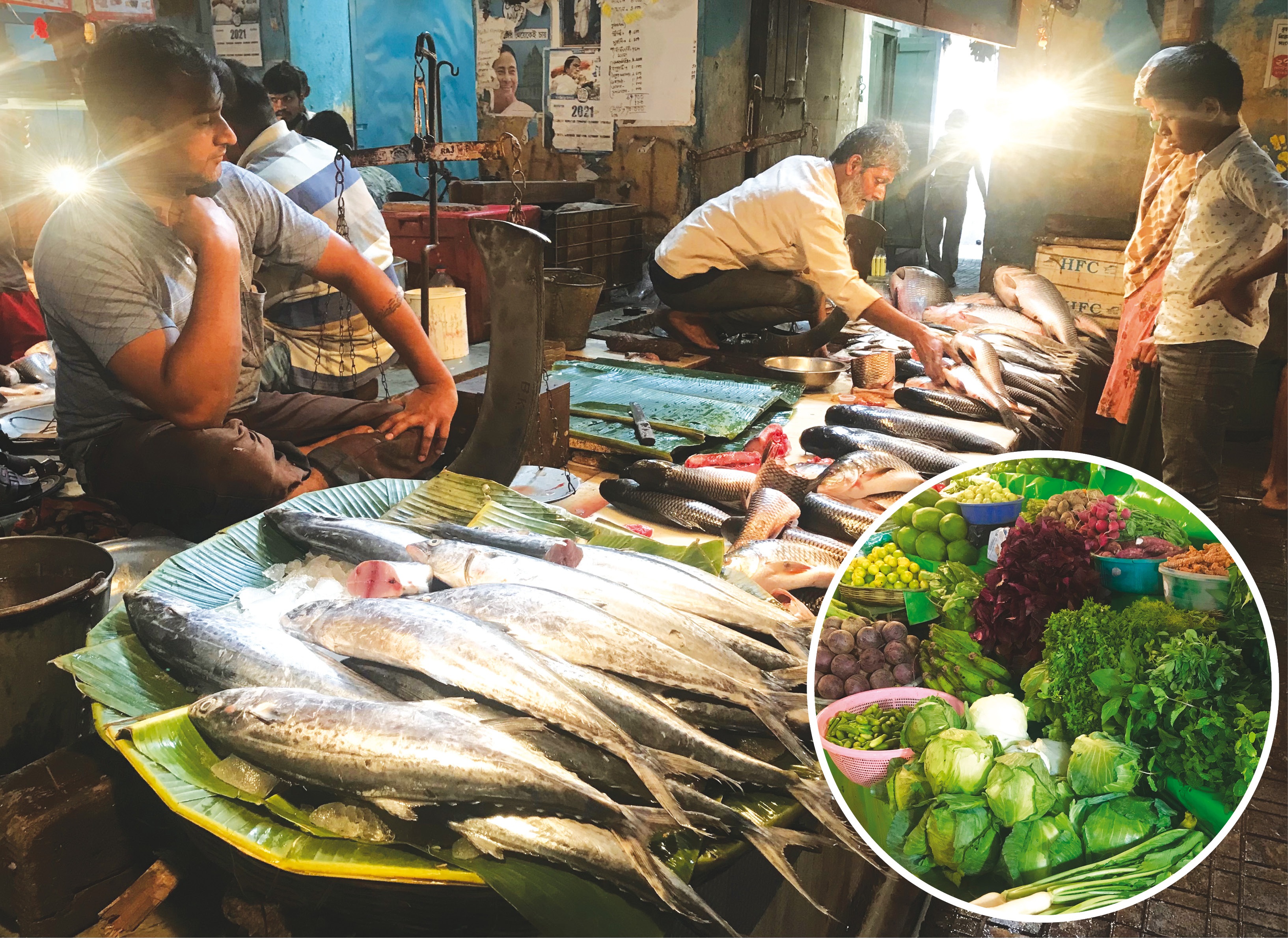Fish shopping is a serious matter in Bengal (above); The plethora of seasonal produce and saag at a Kolkata vegetable market (inset)