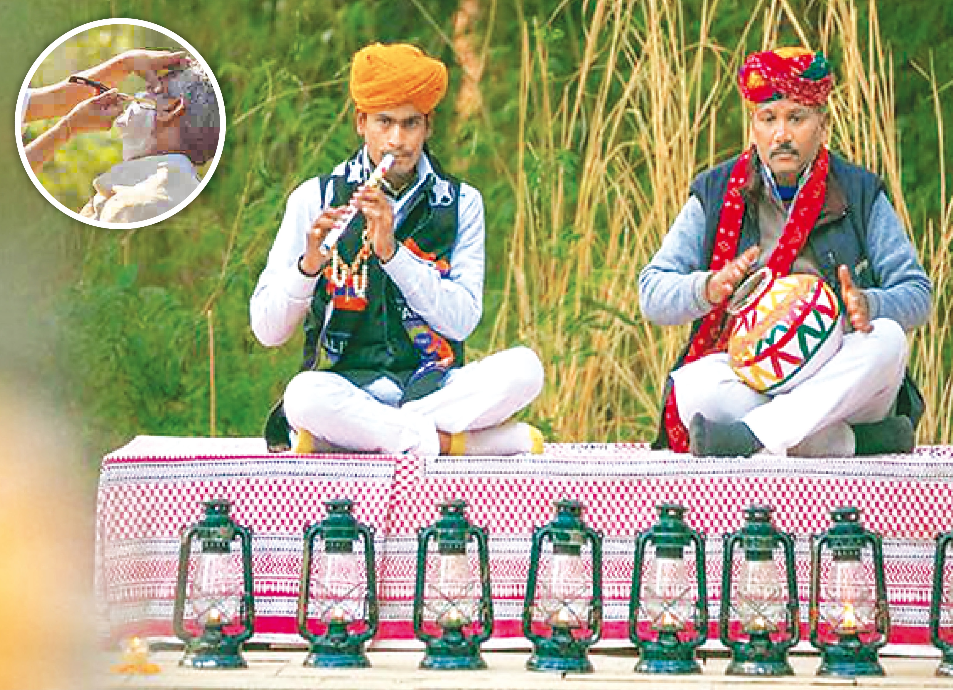 A shave at the poolside under a century-old tree (inset); Traditional singers perform (above) A shave at the poolside under a century-old tree (inset); Traditional singers perform (above)