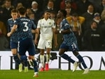 Arsenal's Bukayo Saka celebrates after scoring&nbsp;