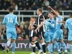 Riyad Mahrez of Manchester City celebrates after scoring a goal to make it 0-3 during the Premier League match between Newcastle United and Manchester City.