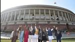 Suspended Rajya Sabha MPs during a protest demanding for revocation of their suspension, at Parliament House, in New Delhi on December 17. (PTI) Suspended Rajya Sabha MPs during a protest demanding for revocation of their suspension, at Parliament House, in New Delhi on December 17. (PTI)