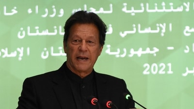Pakistan's Prime Minister Imran Khan speaks during the 17th extraordinary session of the OIC Council of Foreign Ministers on the Afghanistan situation, in Islamabad, Pakistan. (Reuters)